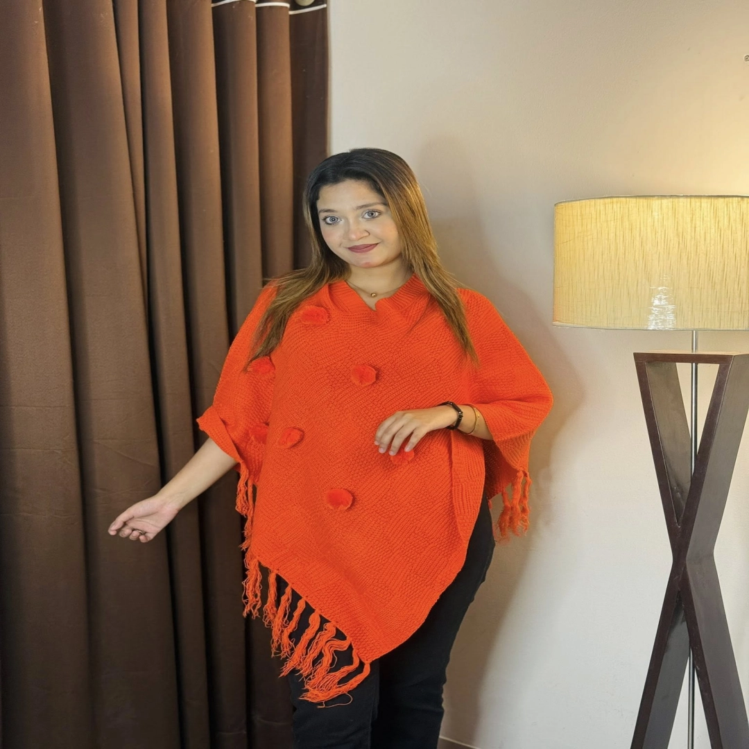 Zesty Orange Pom-Pom Knit Poncho