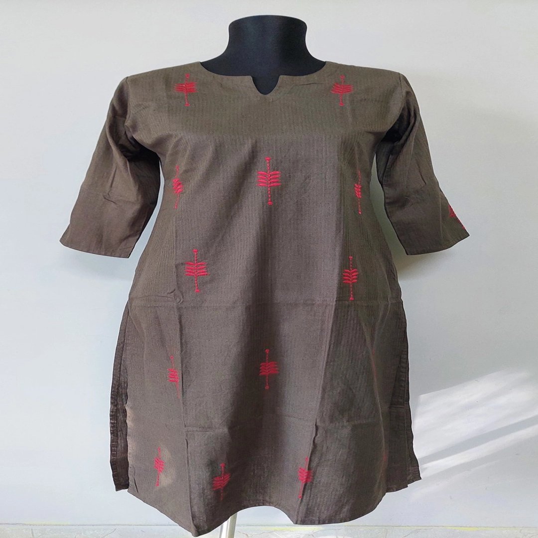 Textured Cocoa Kurti with Pink Vertical Embroidery