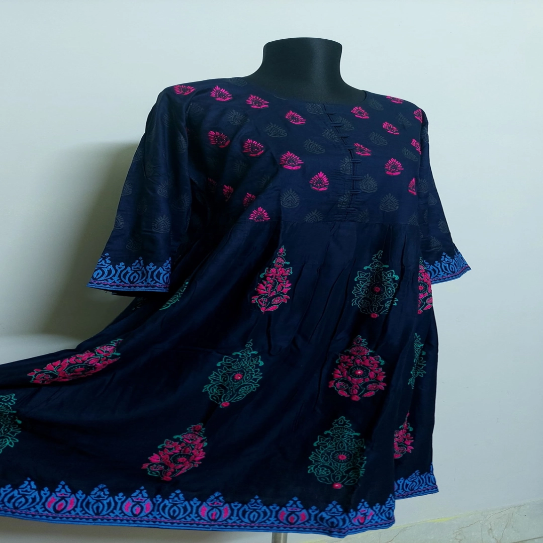 Navy Blue Flared Kurti with Pink & Teal Print