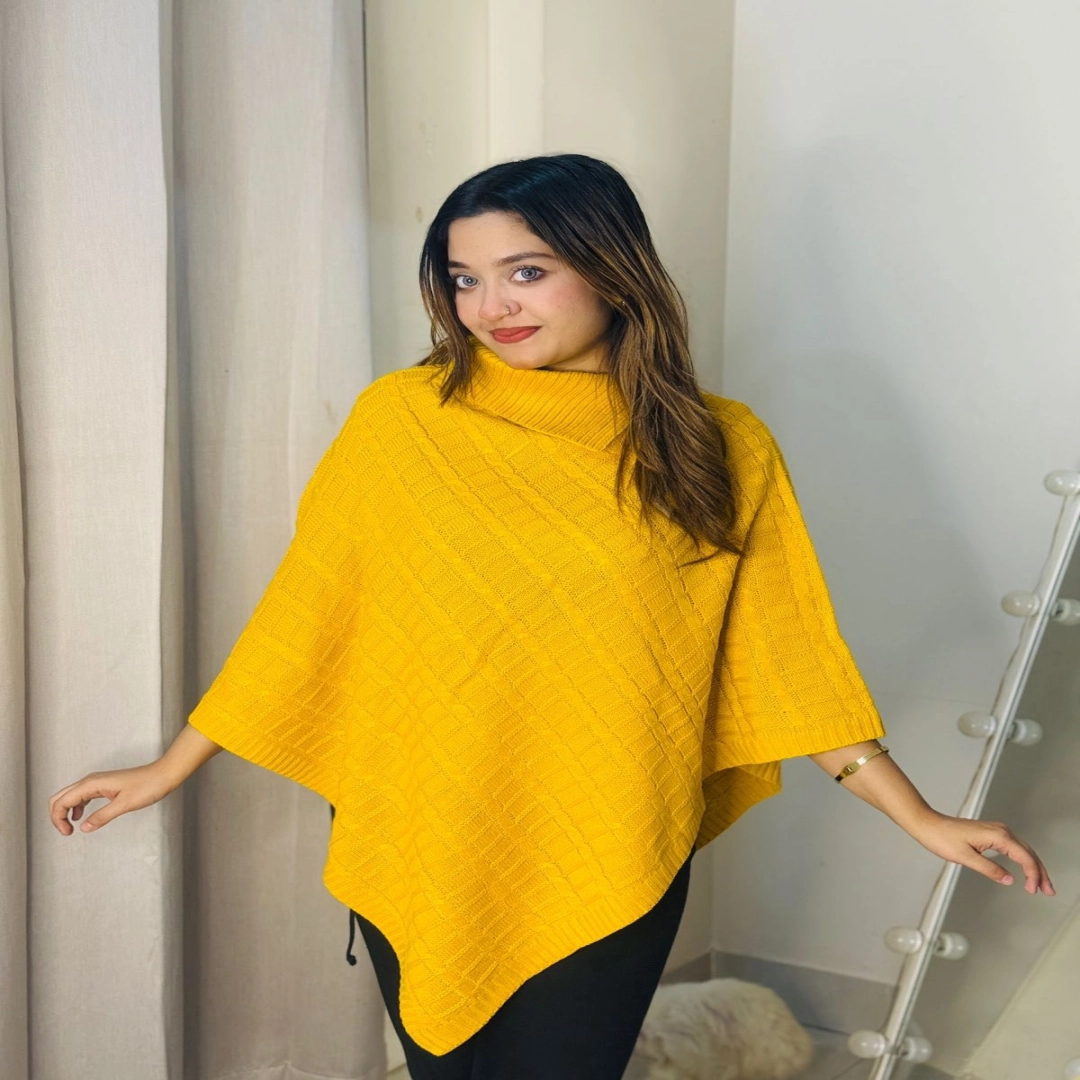 Sunny Yellow Knitted High-Neck Poncho