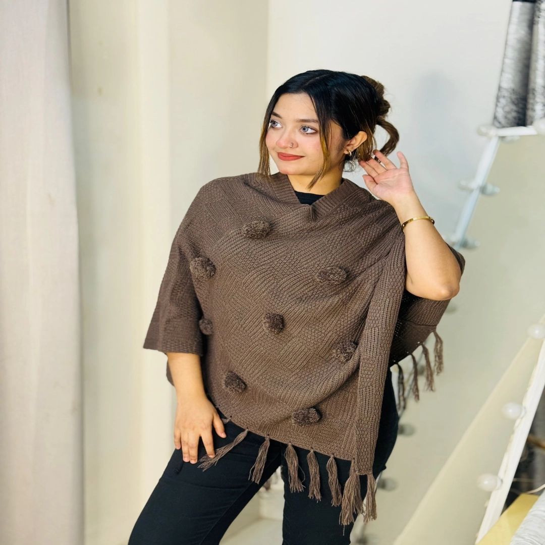 Cozy Brown Pom-Pom Fringe Poncho