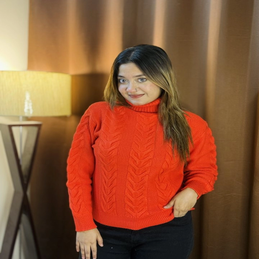 Rust Orange Cable Knit High-Neck Sweater