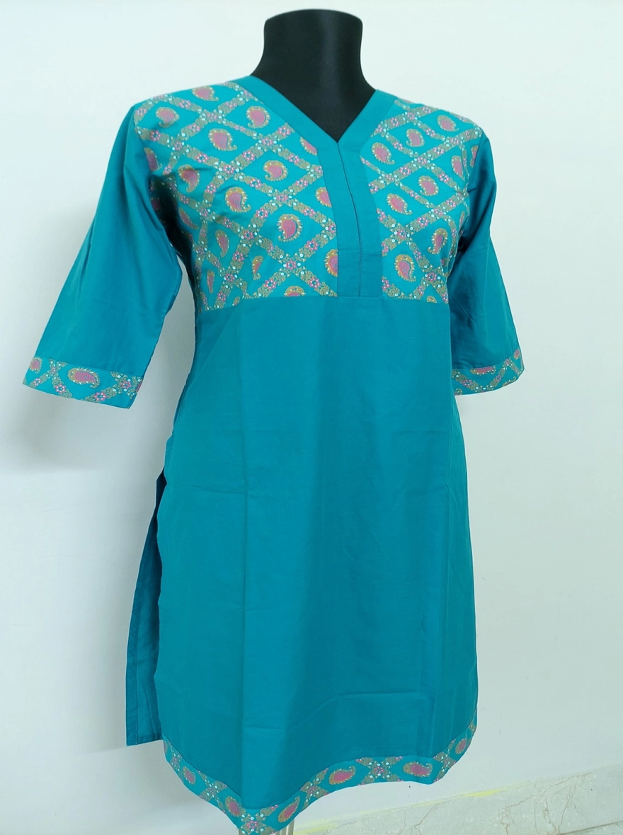 Vibrant Turquoise Kurti with Paisley Yoke