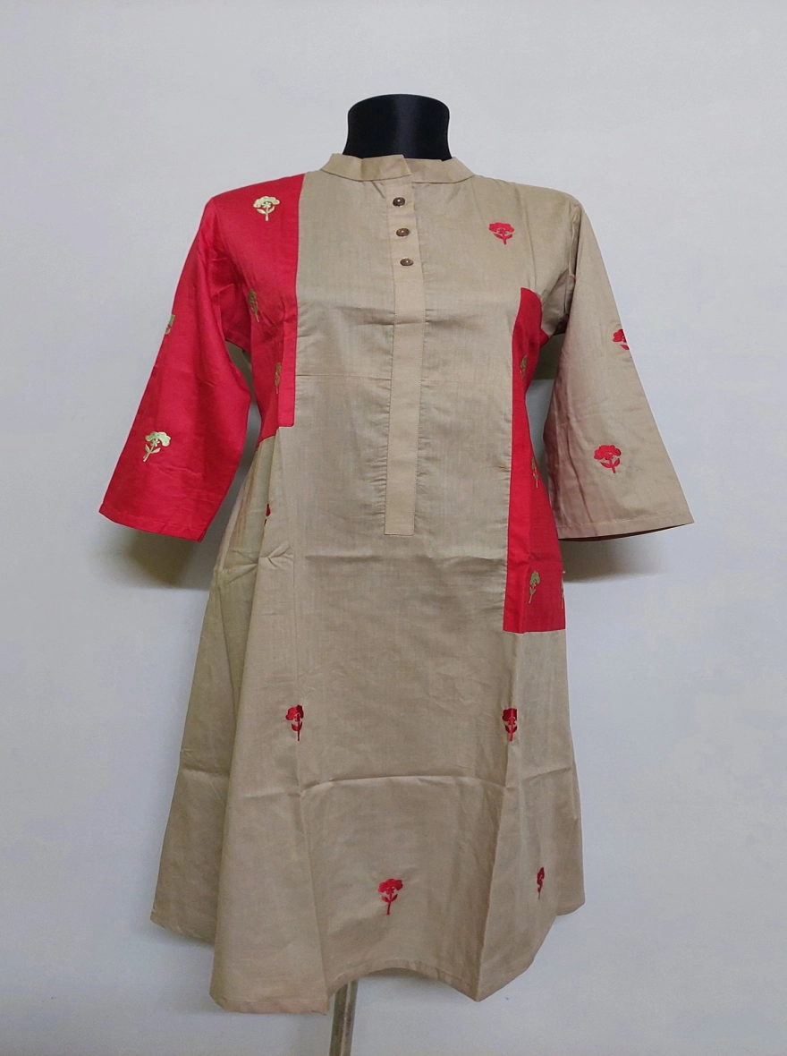 Khaki & Scarlet Color-Block Embroidered Kurti