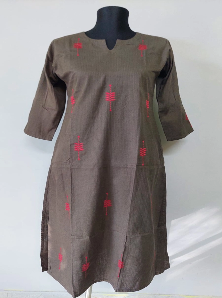 Textured Cocoa Kurti with Pink Vertical Embroidery