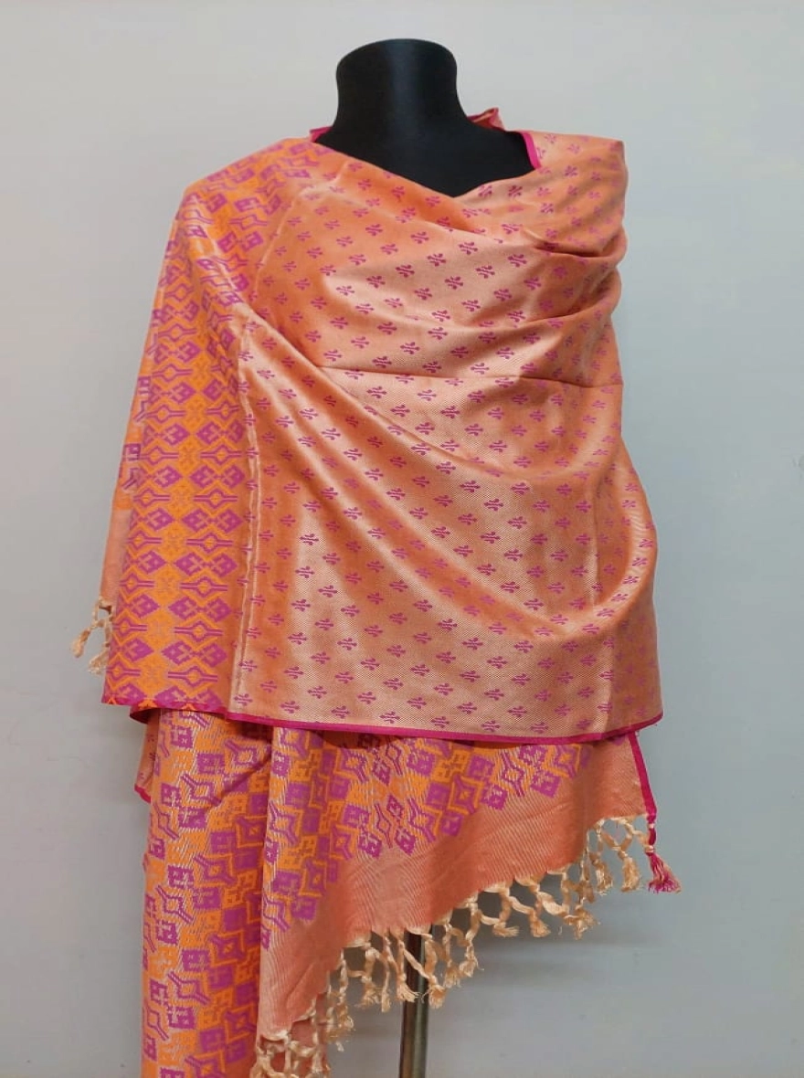 Peach and Magenta Geometric Pattern Silk Blend Shawl