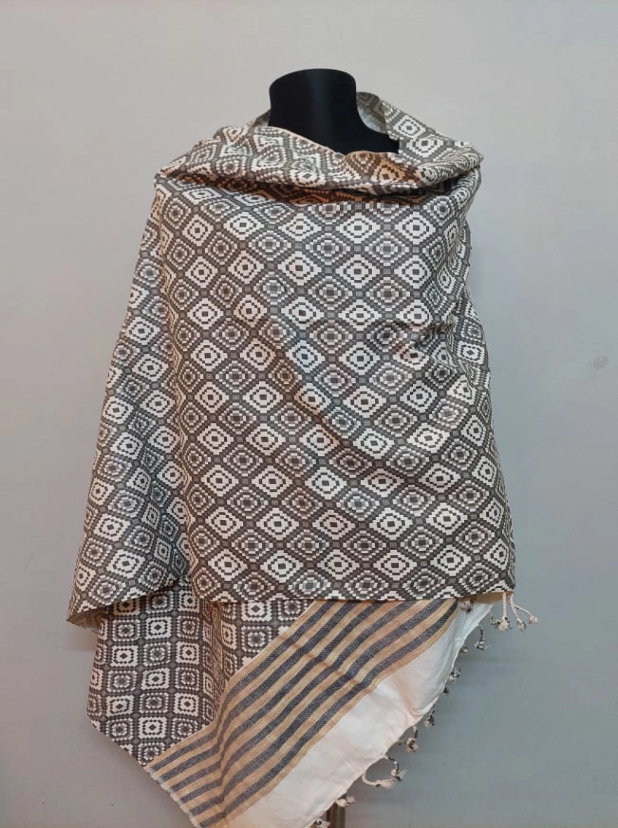 Hand-Woven Diamond Geometric Shawl with Striped Border - Mocha