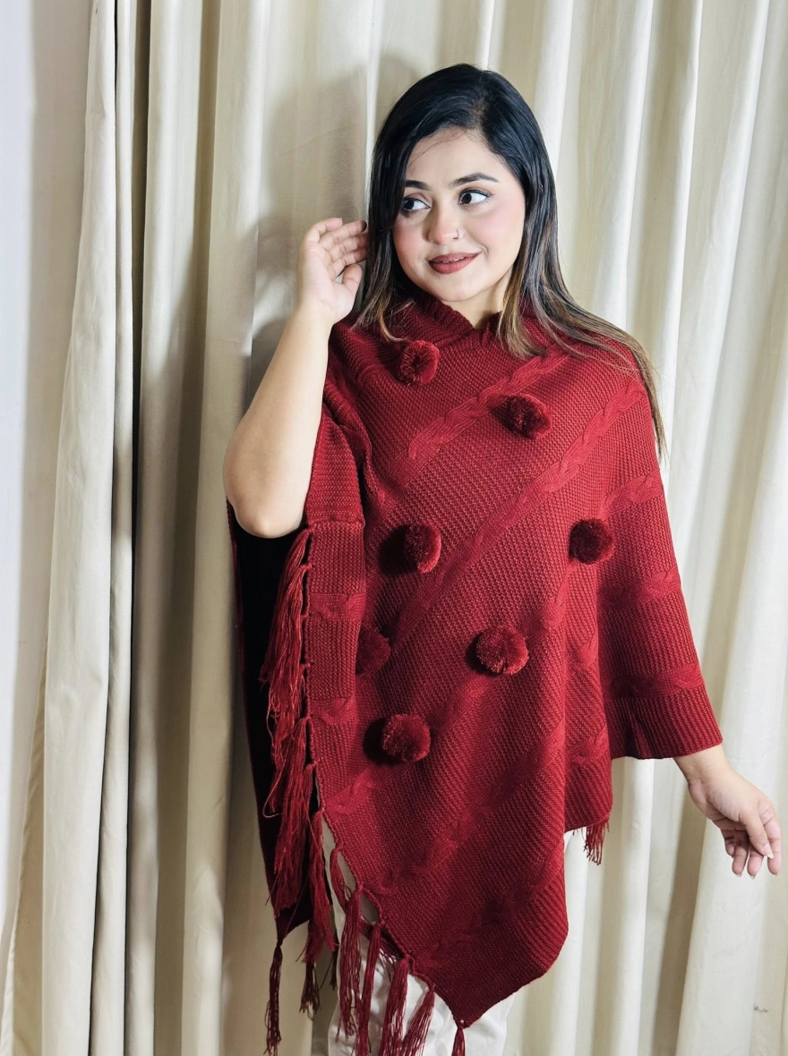 Crimson Knitted Pom-Pom Poncho