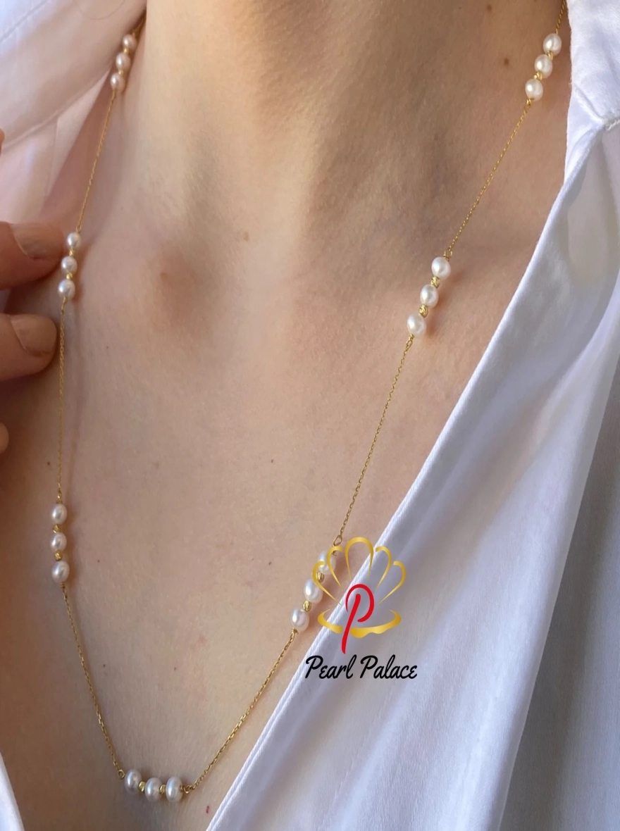 14K Gold Handmade Pearl Chain Link Necklace for Women