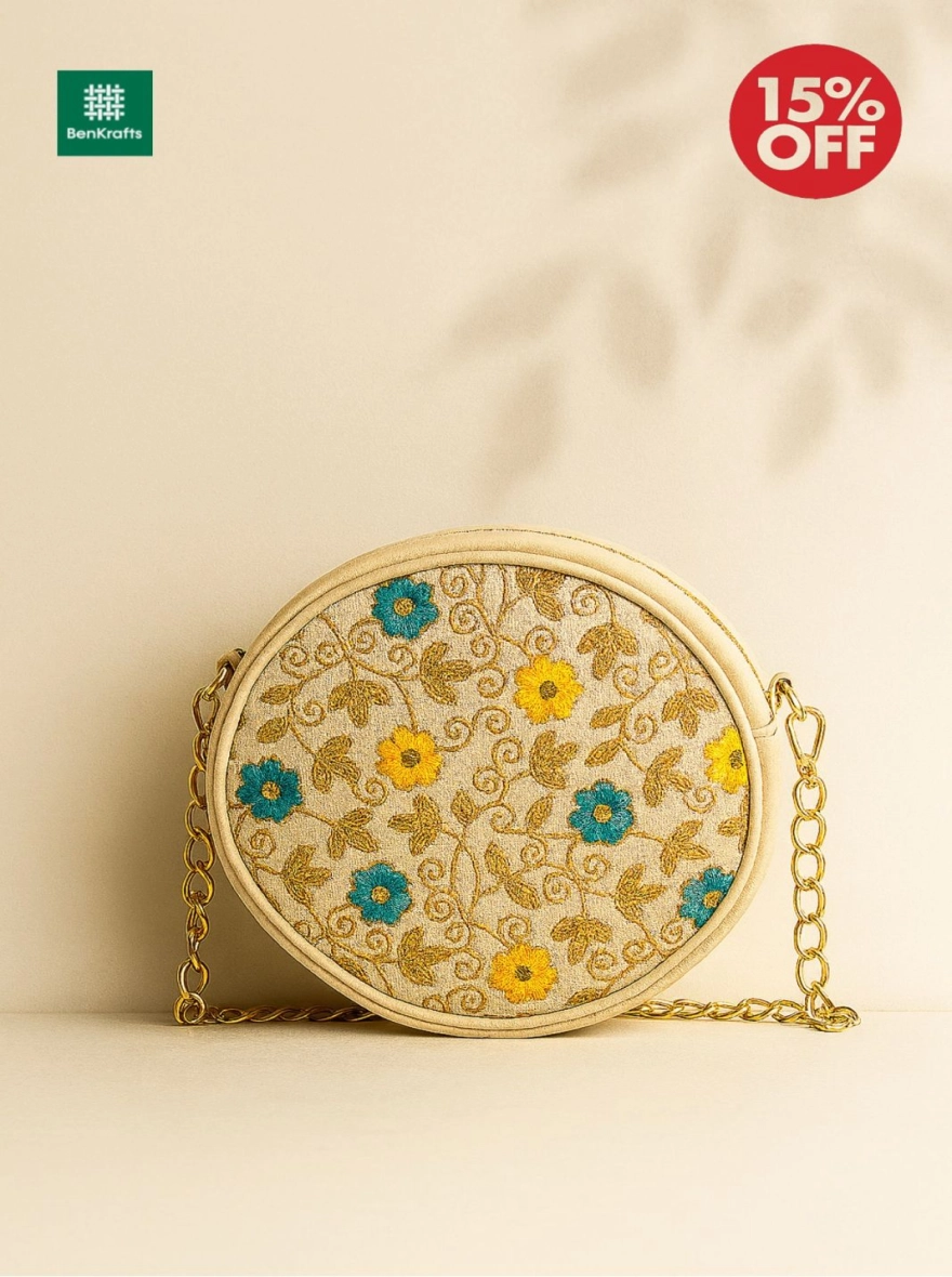 Golden Garden Floral Embroidered Circle Sling Bag