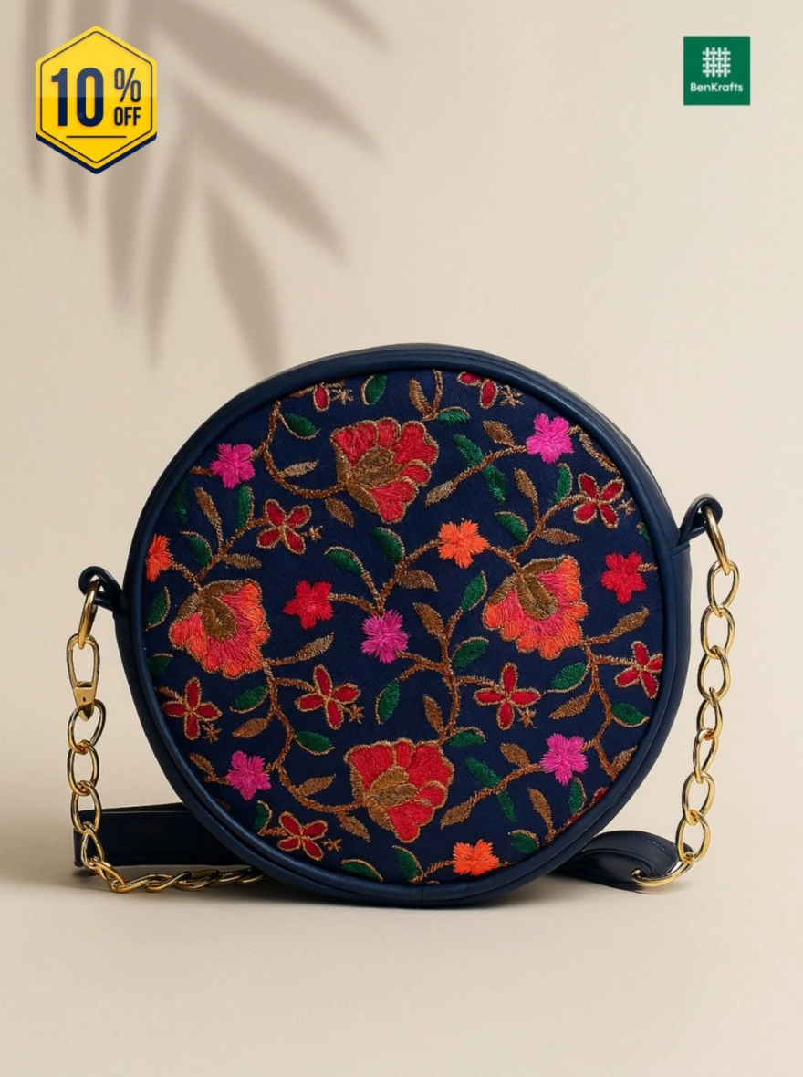 Sapphire Garden Bold Floral Embroidered Circle Bag