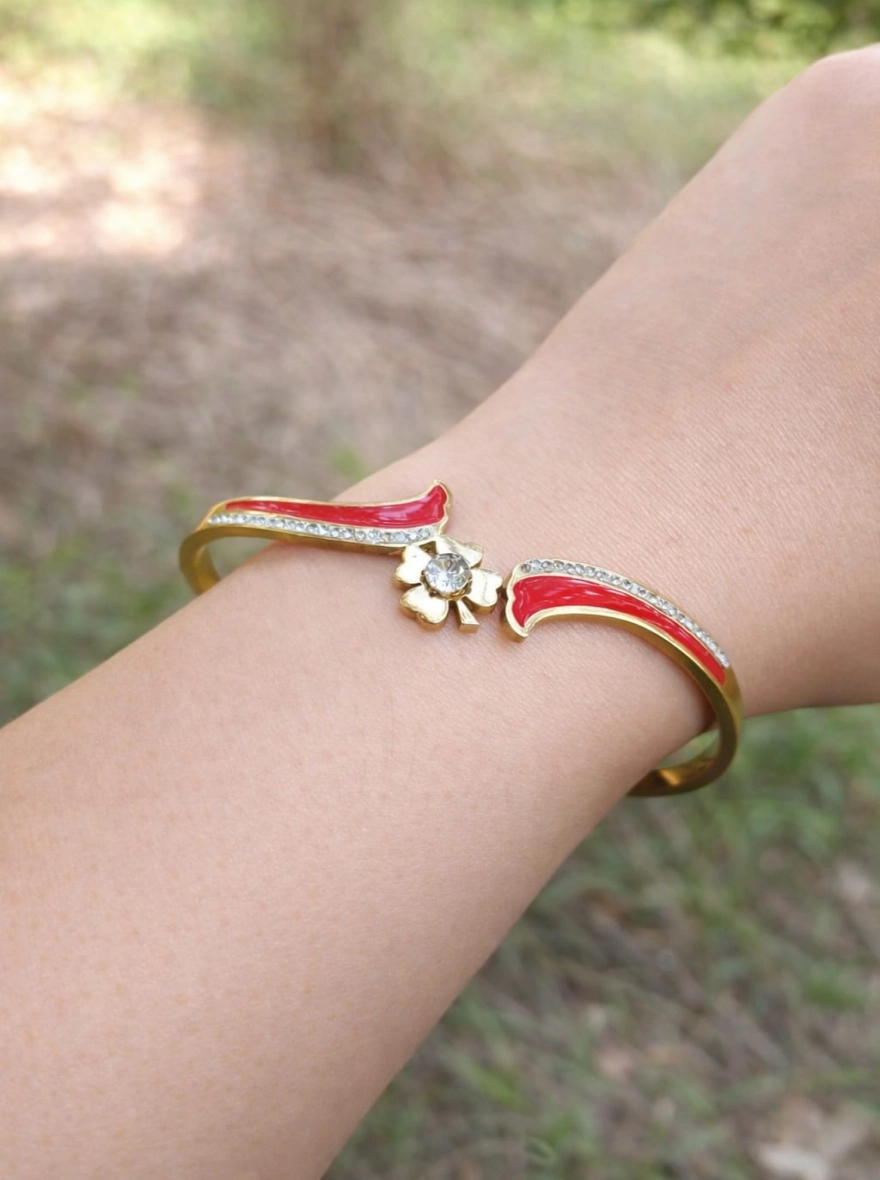 Ruby Enamel & Crystal Clover Cuff Bangle