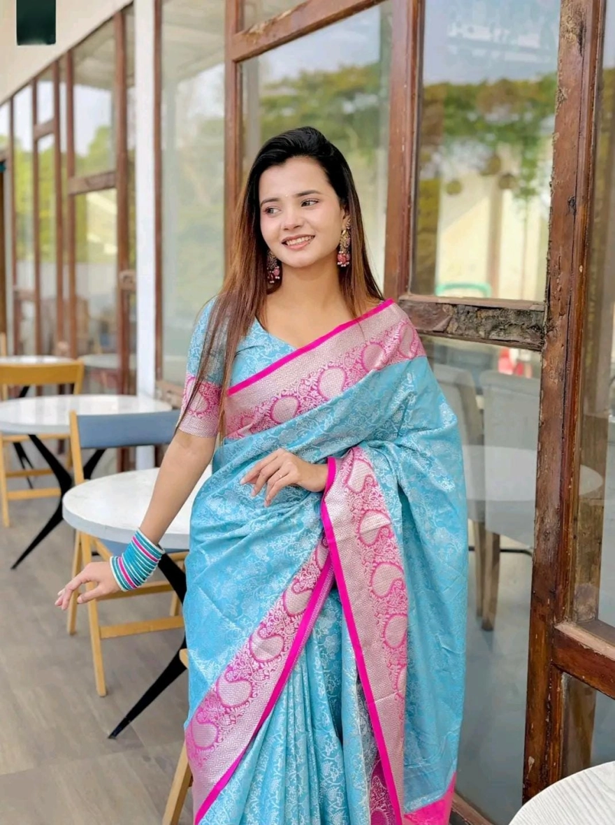 Ethereal Sky Blue & Pink Banarasi Saree with Floral Zari Work
