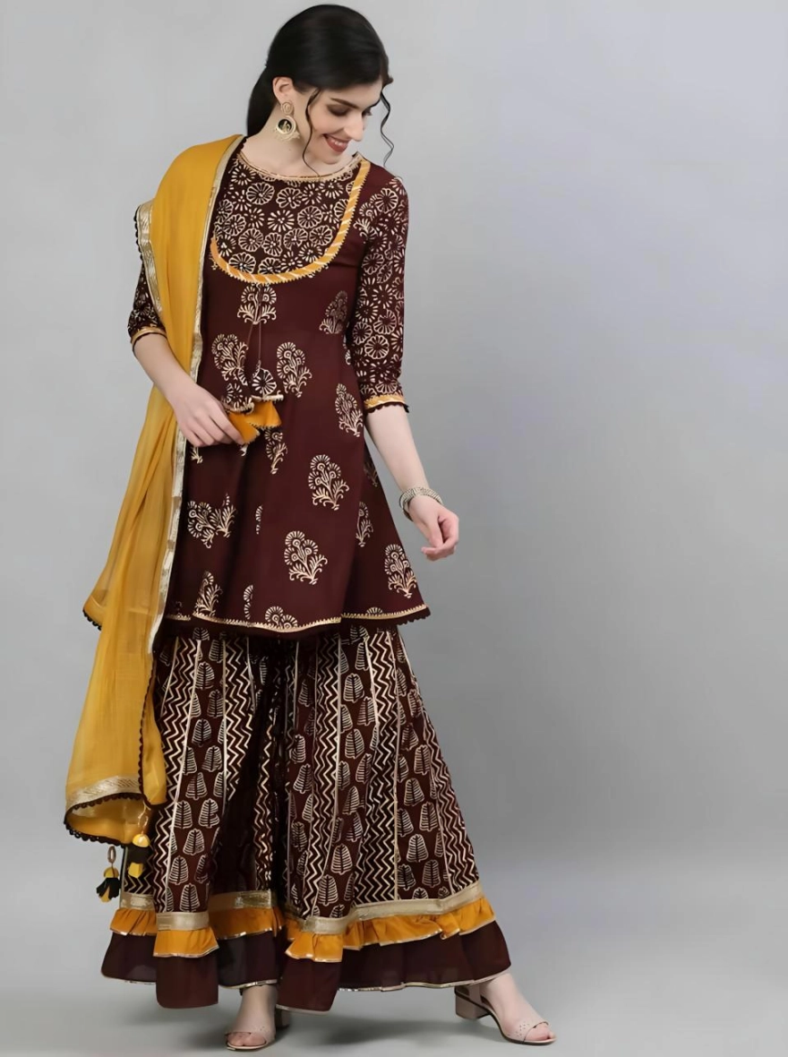 Readymade Full AC Cotton Casual Brown Printed Kurti
