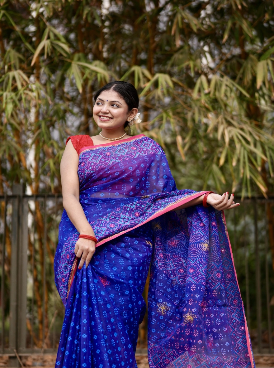 Prijosree Signature Boutique – Royal Blue Multicolor Screen Print Saree