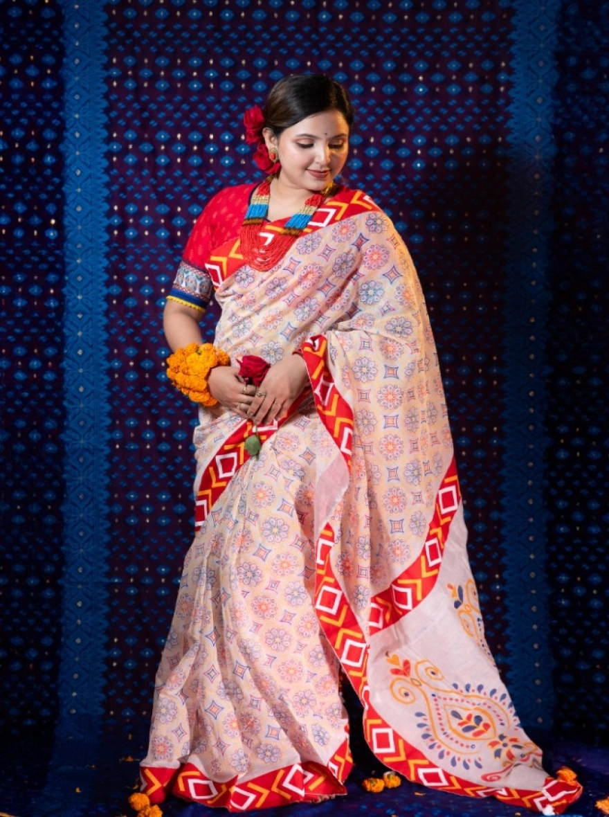 Lavender Bloom Hand-Embroidered Cotton Saree with Mirror Work