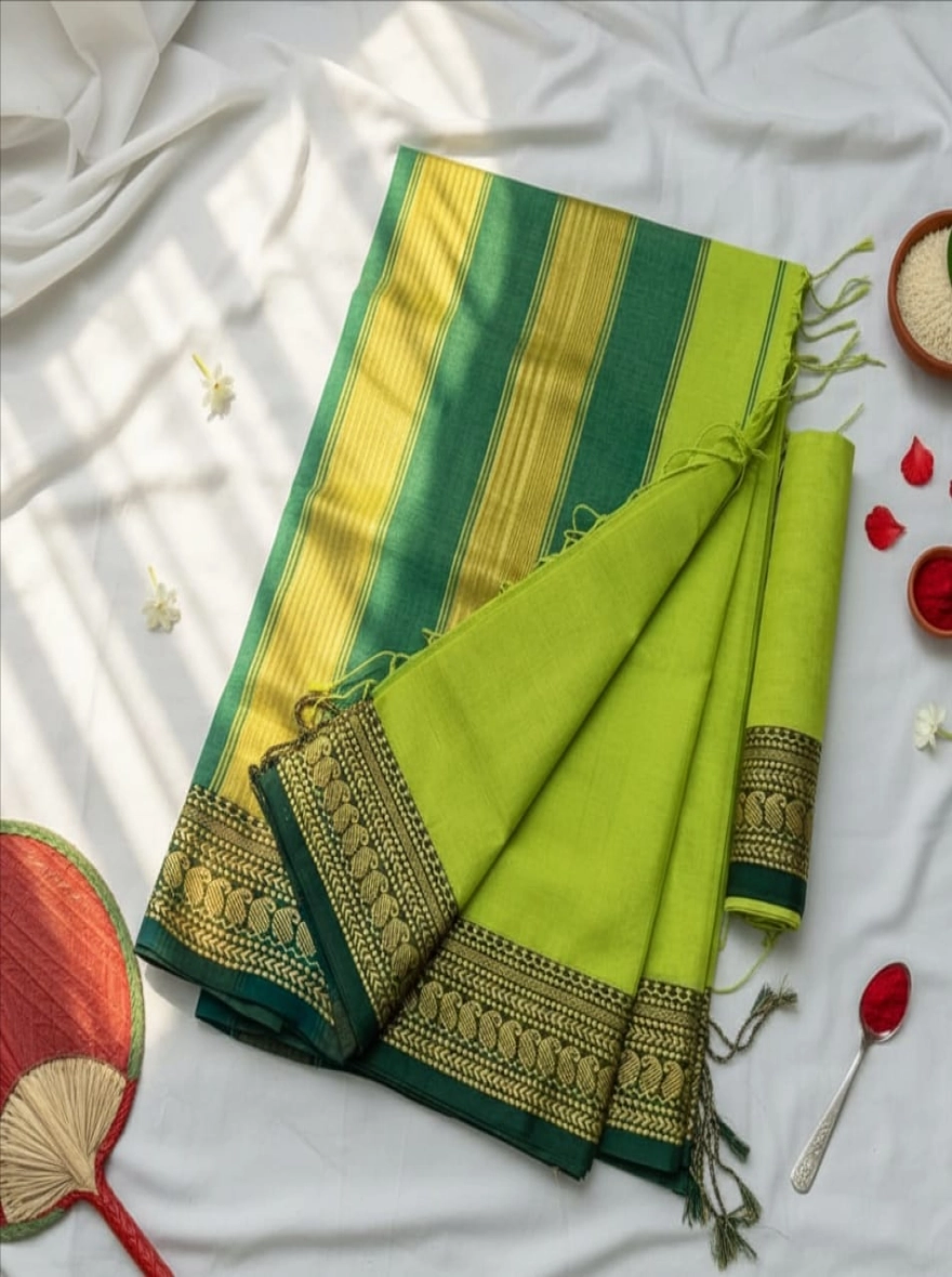 Verdant Harmony Dual-Tone Green Cotton Saree with Golden Zari Border