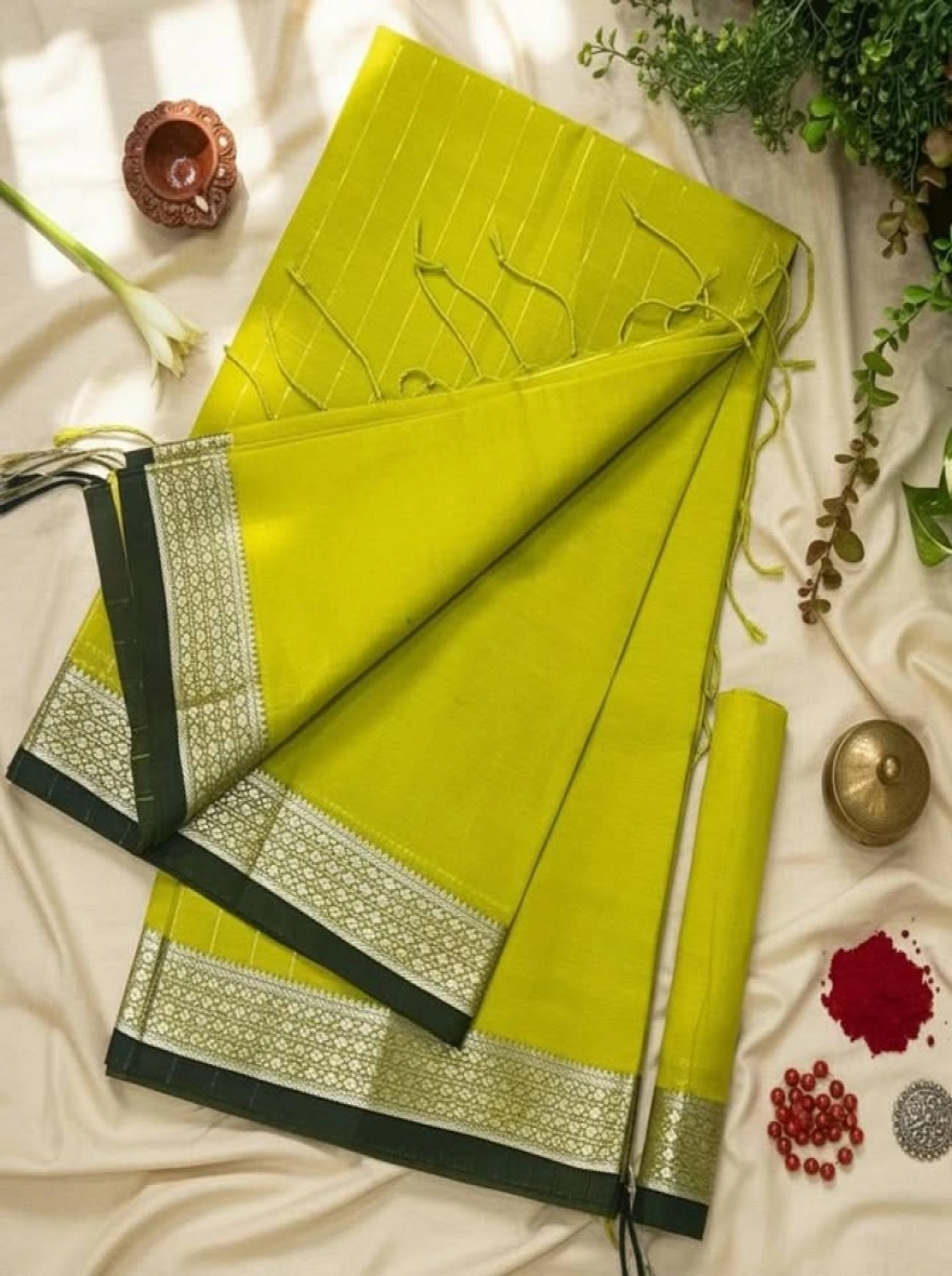 Citron Radiance Handloom Cotton Saree with Silver Geometric Border