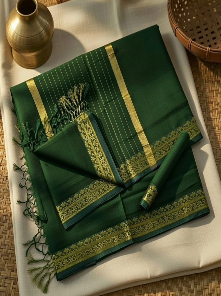 Emerald Elegance Handloom Cotton Saree with Golden Floral Zari