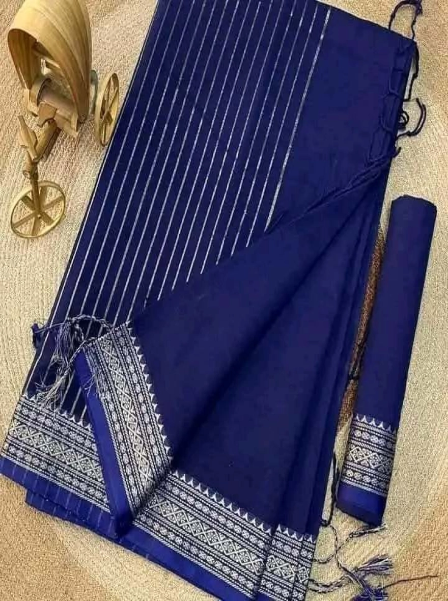 Midnight Indigo Cotton Saree with Silver Diamond Zari Border