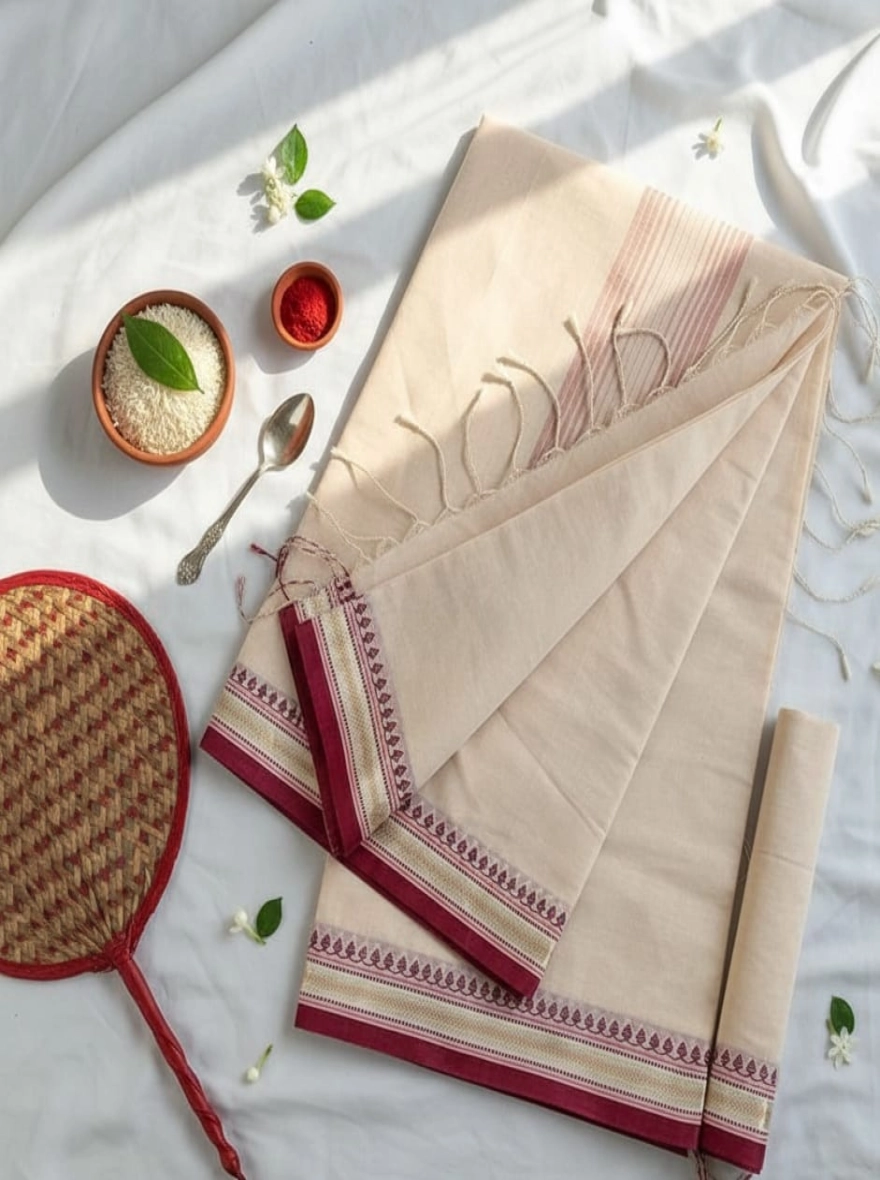 Ivory Grace Cotton Saree with Maroon & Gold Temple Border