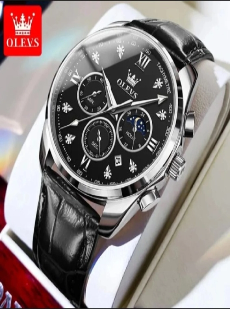 OLEVS 2872 Classic Leather Quartz Watch silver colour