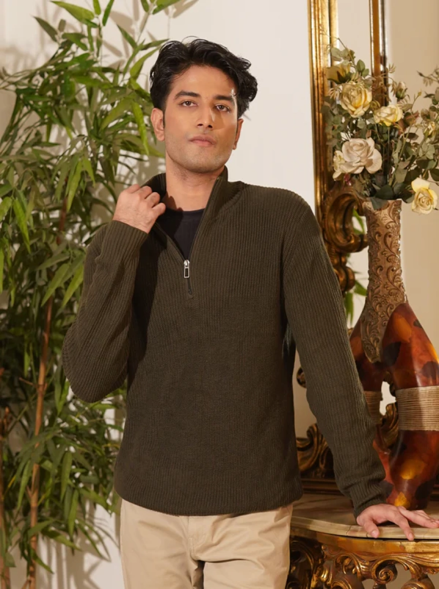 Olive Green Quarter Zip Sweater
