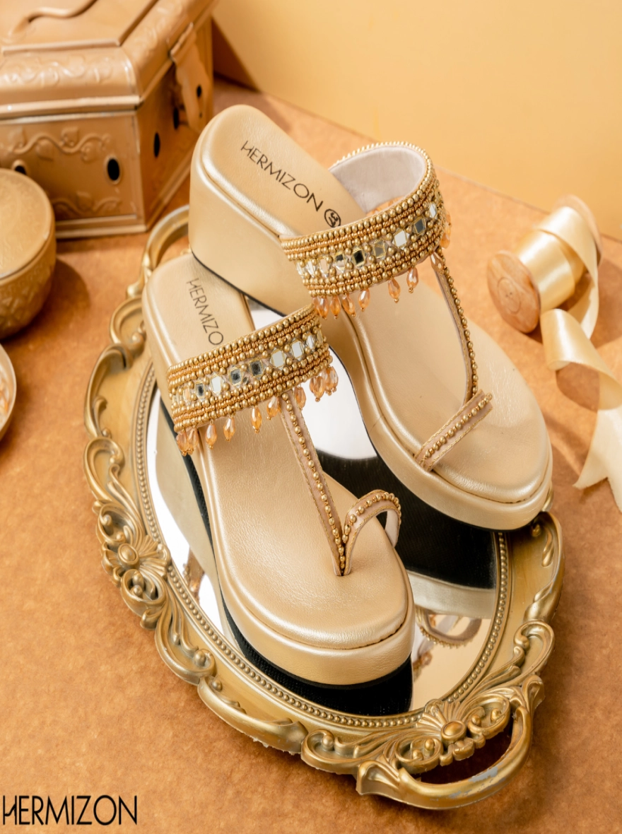 Perrin Gold Embellished Wedge Sandals