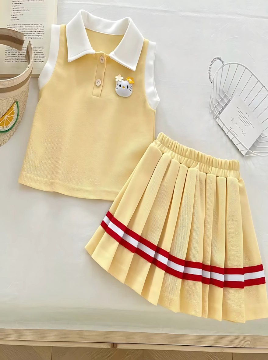 Imported China Top & Pleated Skirt Set - Marzipan