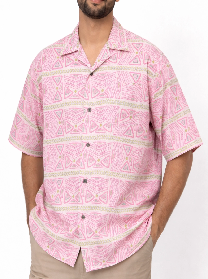 Men’s Open Collar Geometric Taat Half Shirt