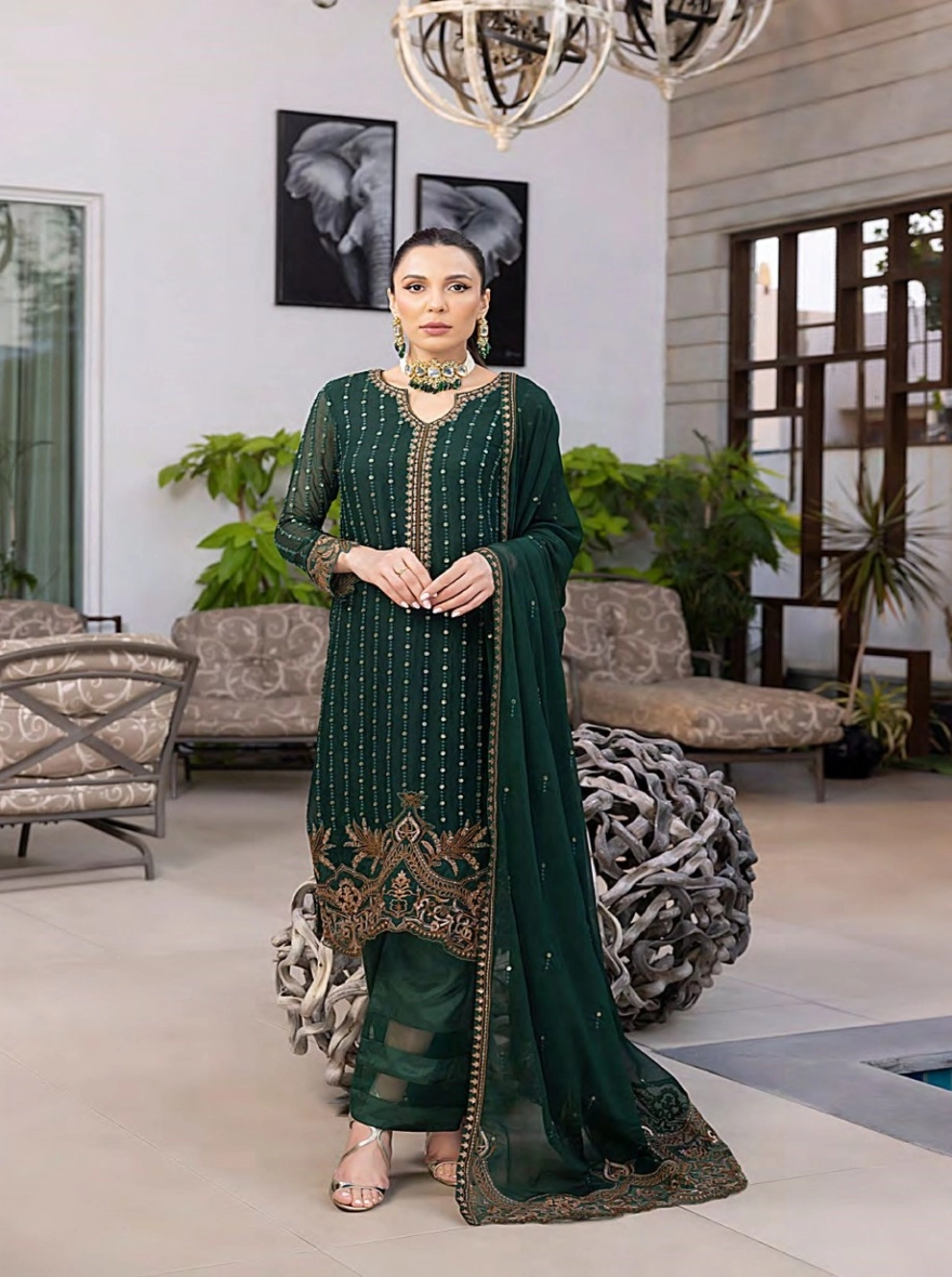 Emerald Elegance Hand-Embroidered 3-Piece Georgette Suit-Unstitched