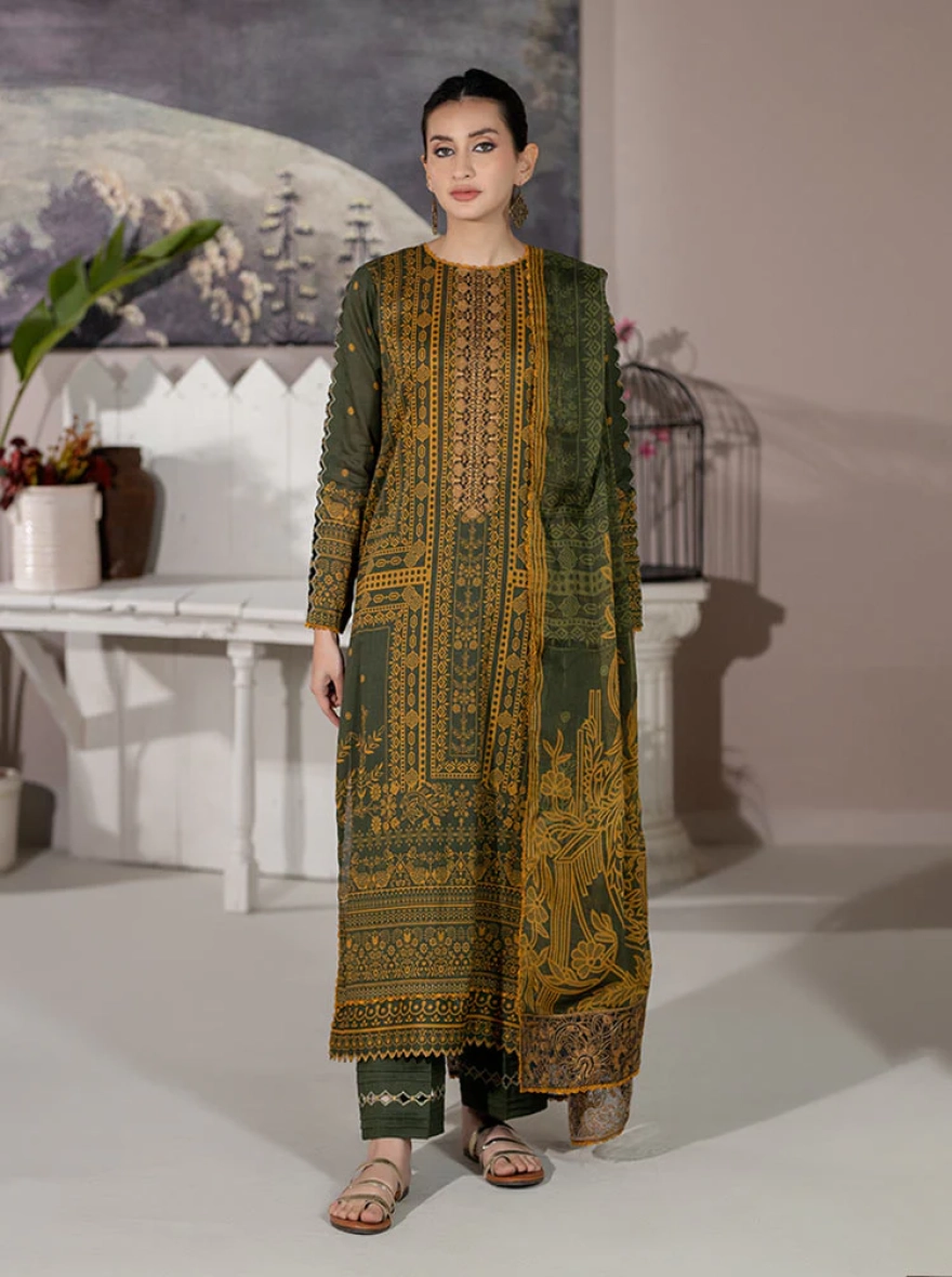 Binaas Varda Digital Printed Unstitched Lawn Three Piece Suit - Forest Green & Mustard