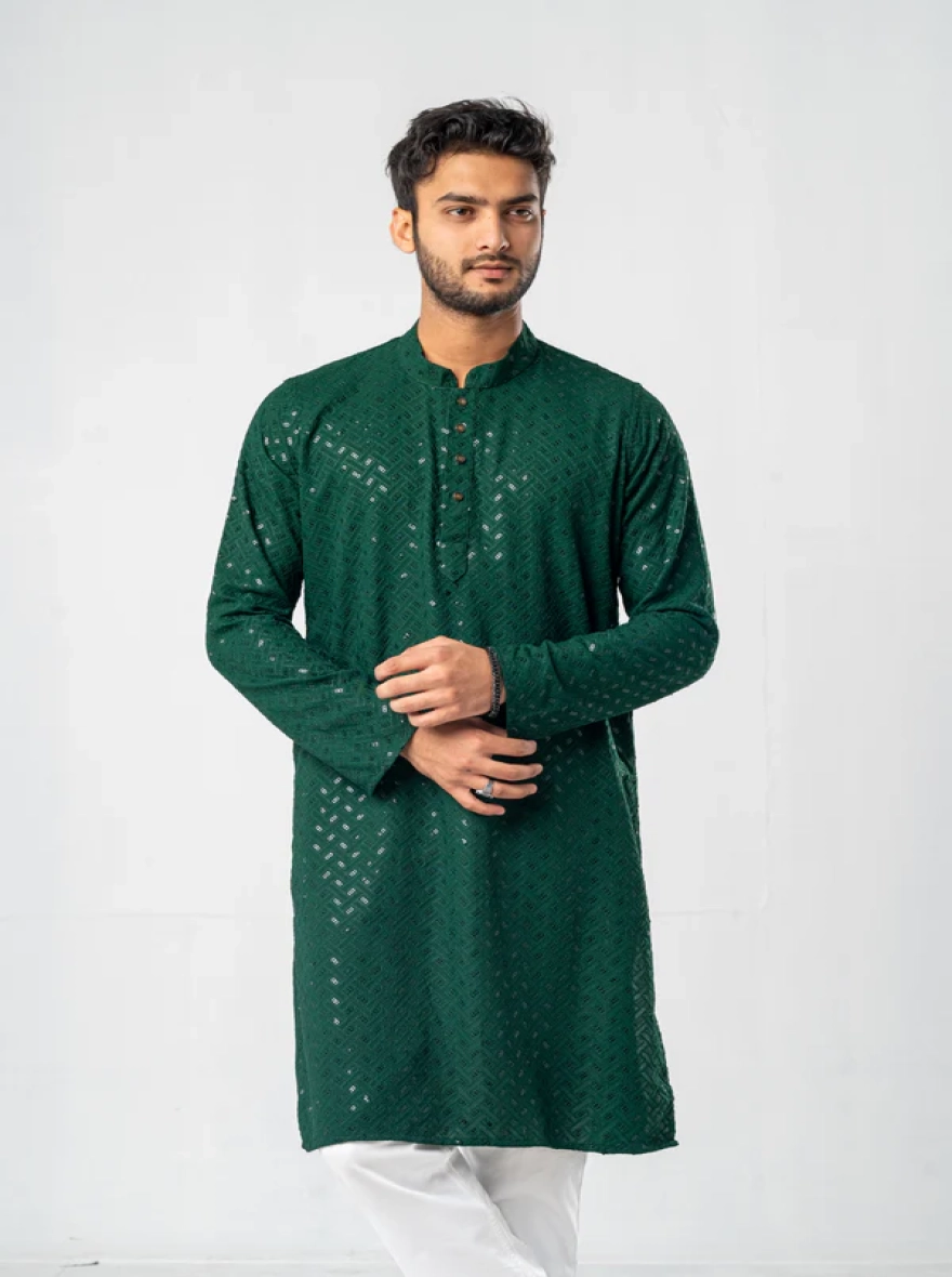 Feisal Embroidered Panjabi in Emerald Green