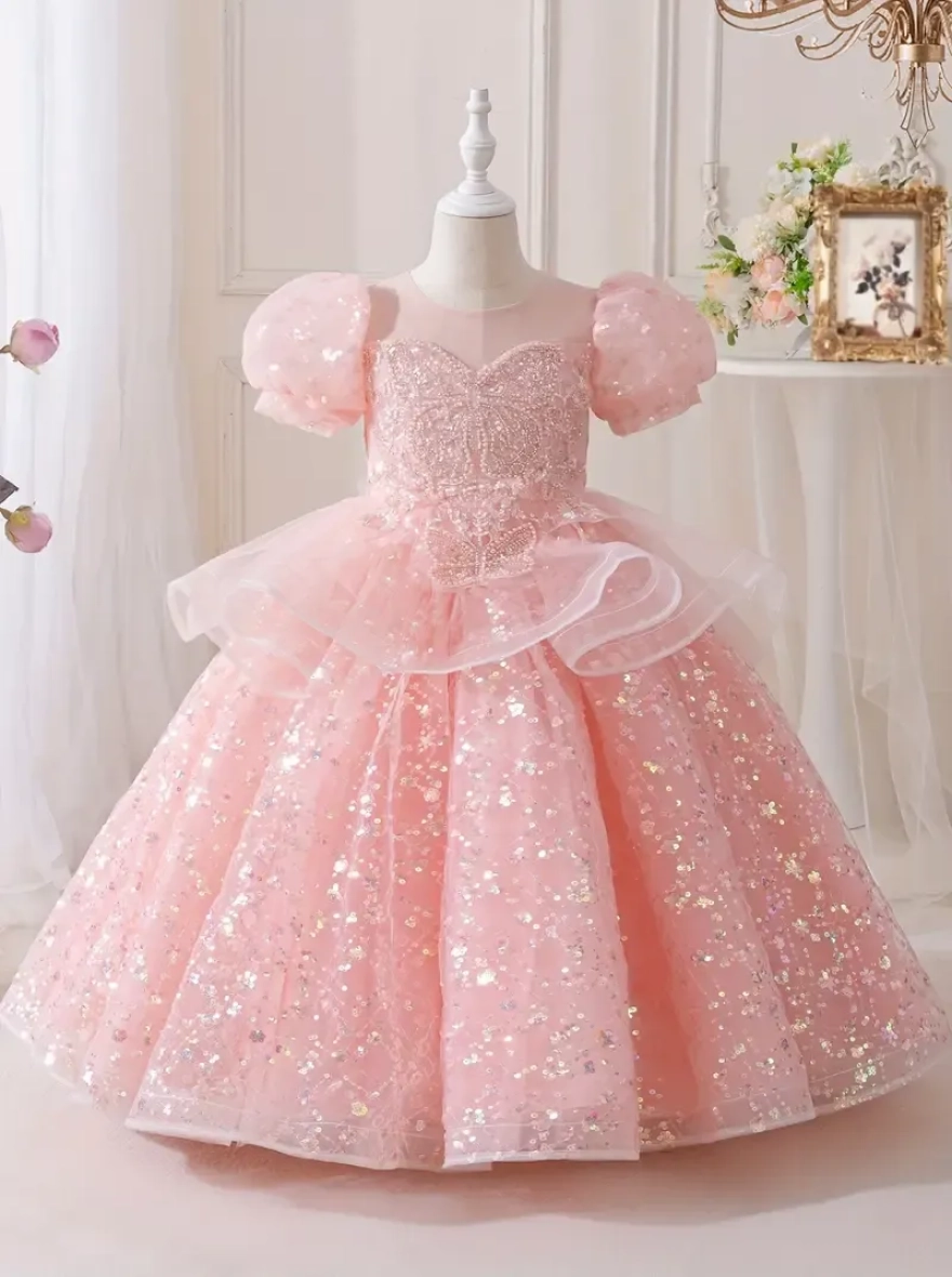 Layered Short Sleeved Shiny Princess Girl Imported Party Dress - China