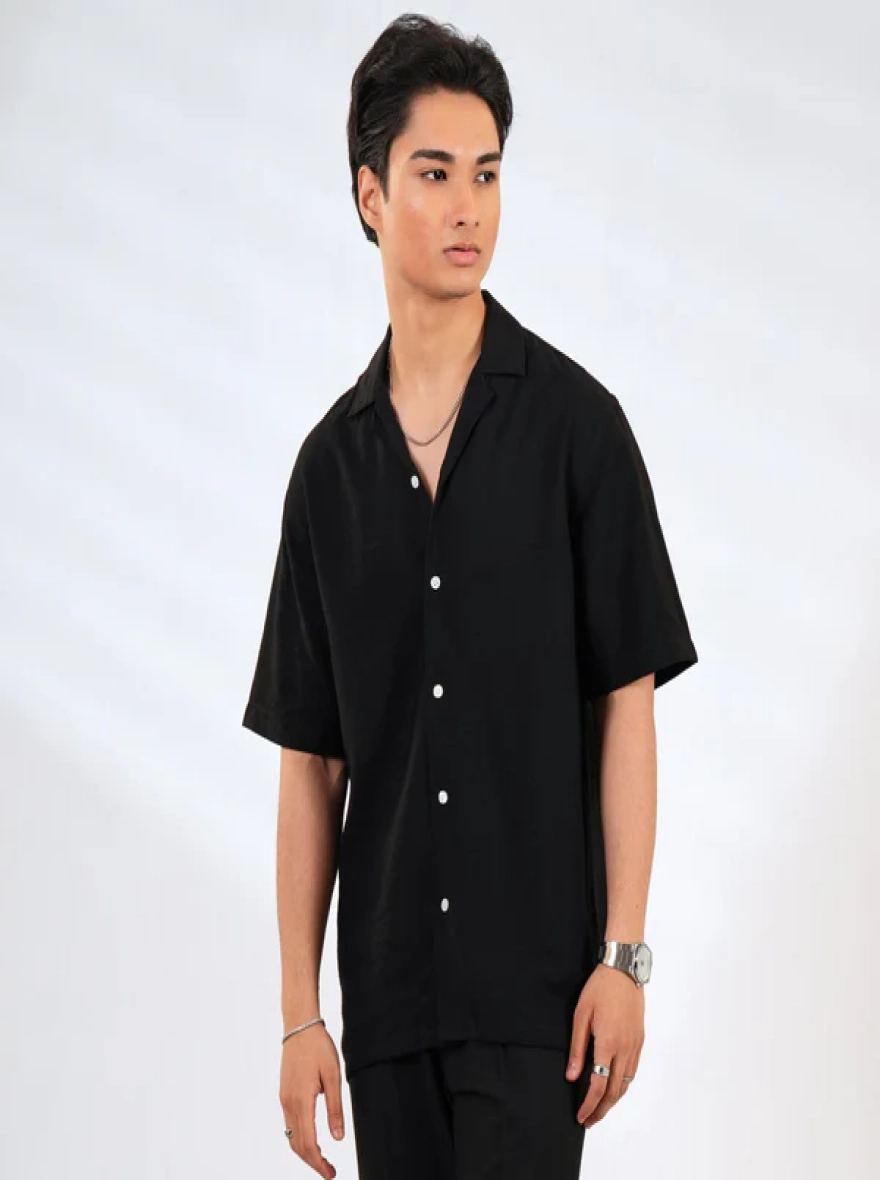 Obsidian Black Textured Cuban Shirt