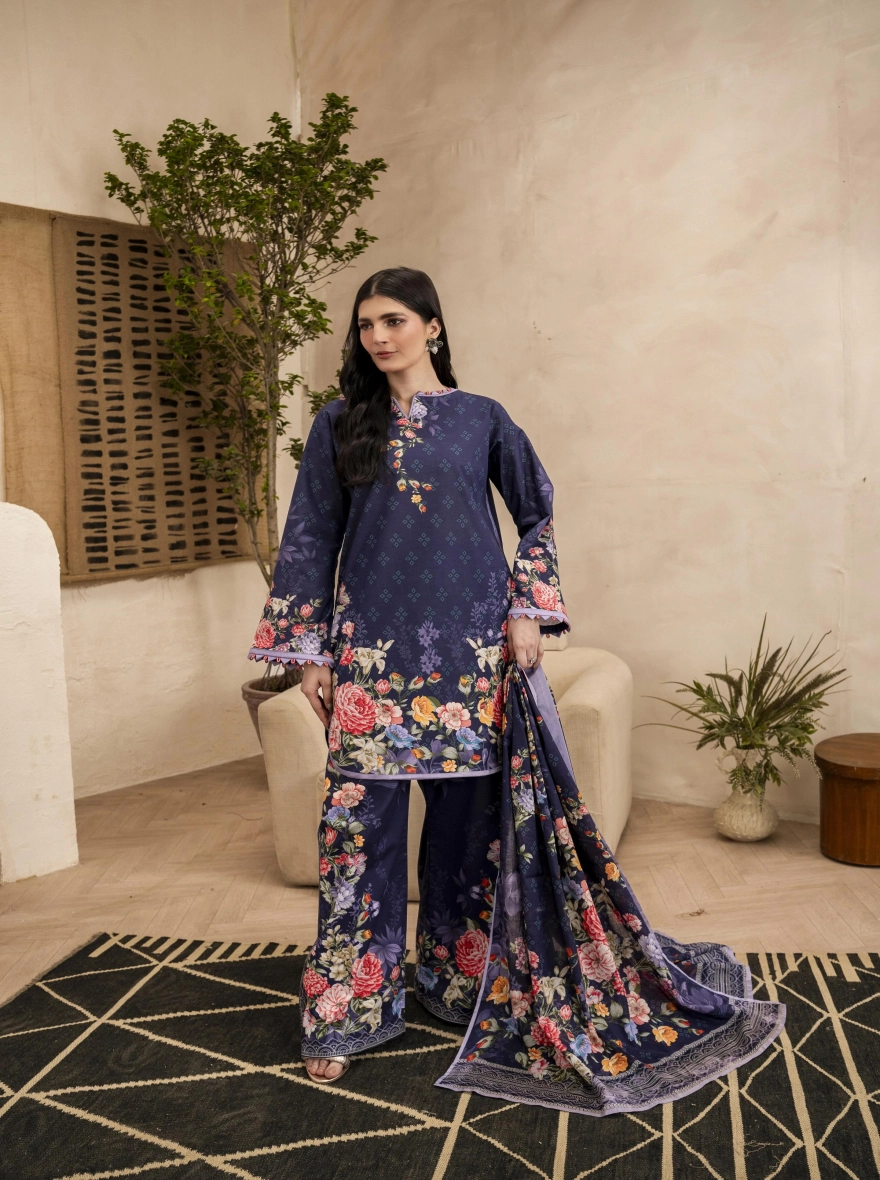 Firdous Special – Azure Serenity 3-Piece Suit-Unstitehed