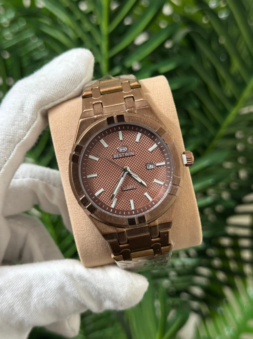 BESTWIN Classic Bronze-Tone Quartz Watch with Brown Textured Dial
