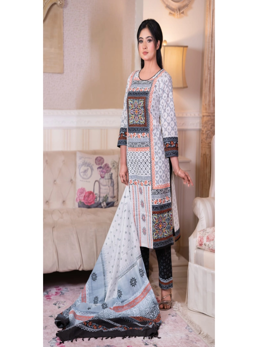 Exquisite Block Print & Embroidered Taat Cotton Three-Piece