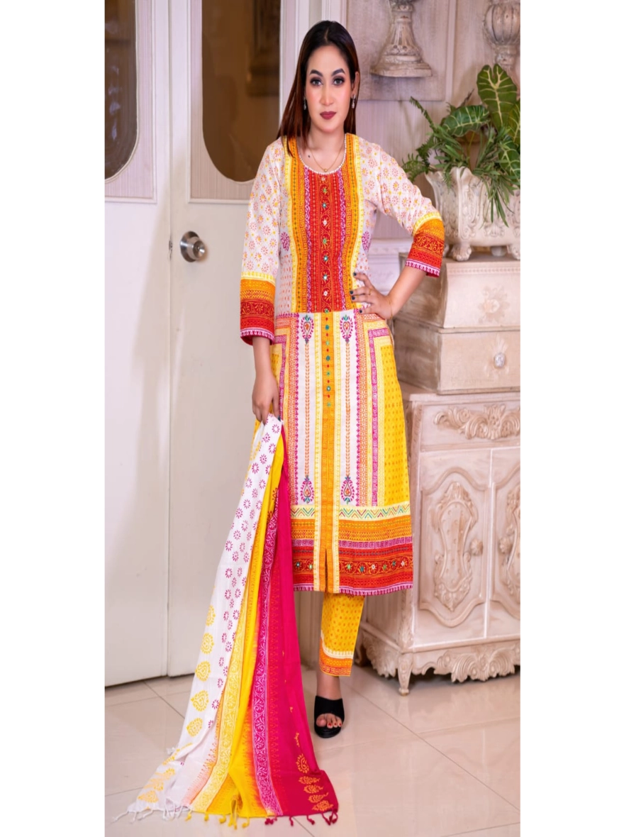 Elegant Block-Printed & Embroidered Taat Cotton Three-Piece