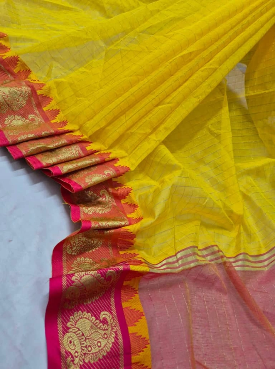 Premium Tangail Madurai Half Silk Saree – Vibrant Yellow with Pink Border