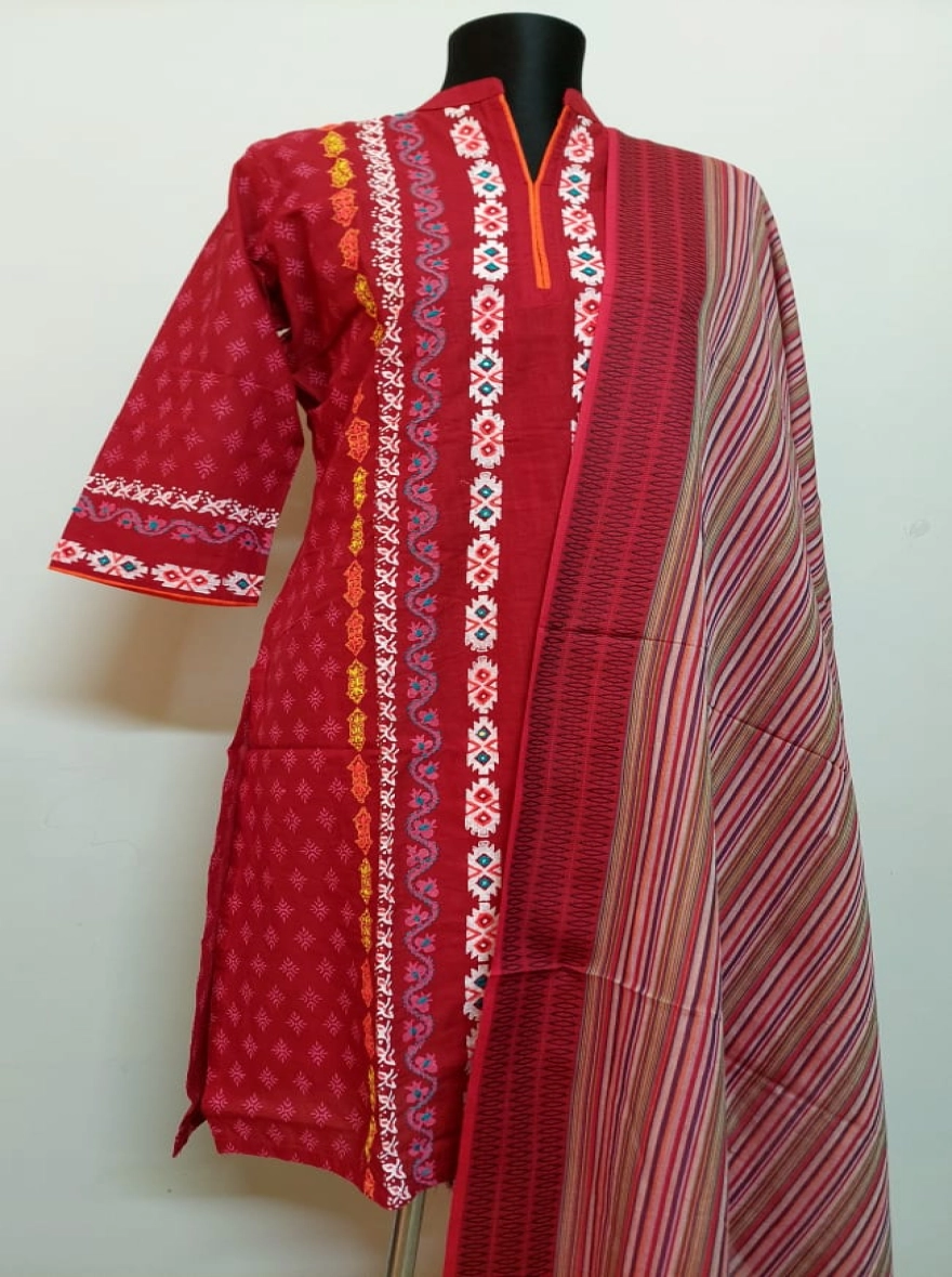 Ruby Ethnic Geometric Print Three-Piece Salwar Kameez Set