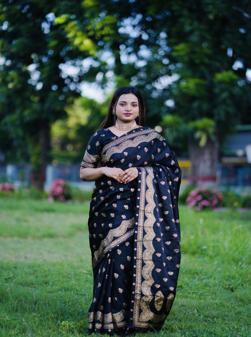 Premium Japanese Silk Black Saree with Screen Print