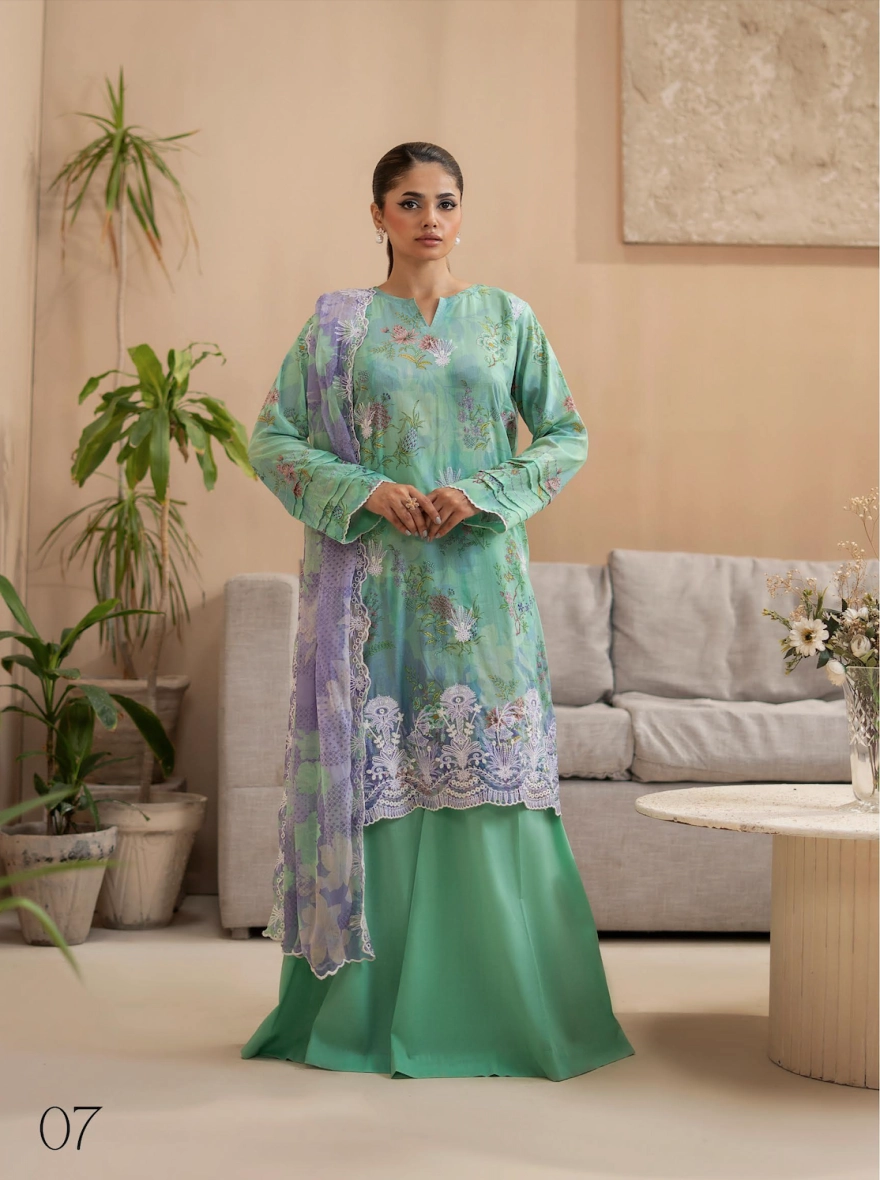 Pakistani Premium Mishaal by Gulljee – 3 Piece Printed Lawn Suit (Sea-Green)
