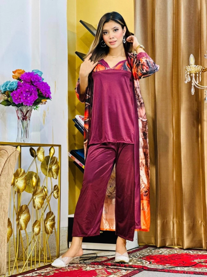 Premium 3-Piece Silk Nightwear Set - Floral Digital Print