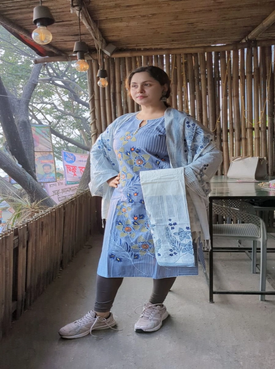 Sky Blue Floral Aarong Cotton Readymade Three-Piece