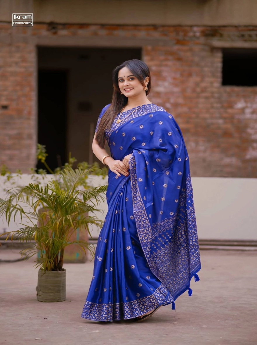 Women's Exclusive Designer Screen Print Japani Silk Saree - Royal Blue