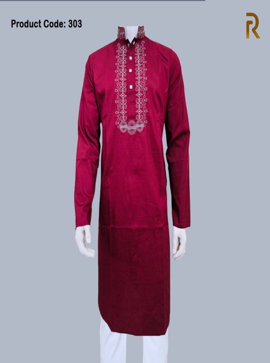 Merun Glossy Embroidered Cotton Slim Fit Panjabi for Men – Premium Maroon Shade, Elegant Traditional Ethnic Wear, Festive Wedding Outfit, Designer Kurta for Cultural Events, Party Wear, and Special Occasions