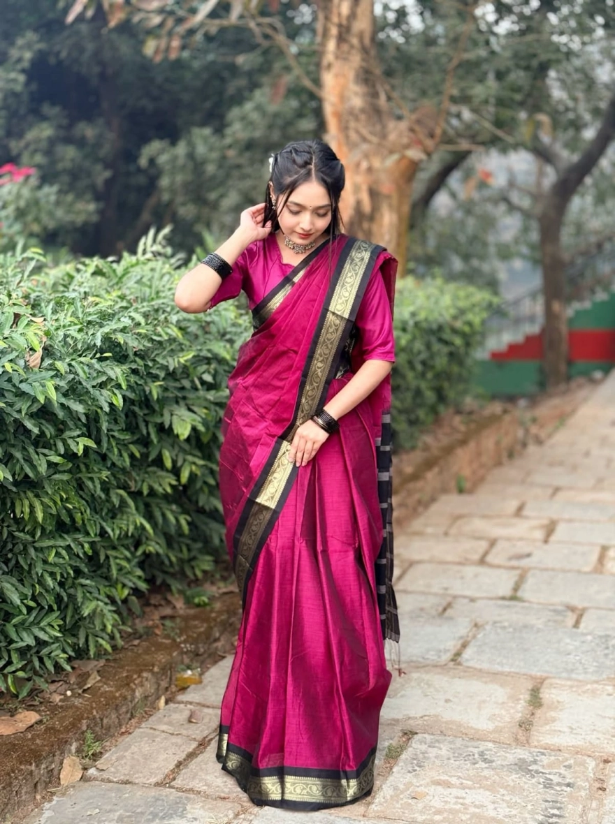 Women's Tangail Tat Madurai Maslaice Cotton Saree – Elegant Maroon & Golden Zari