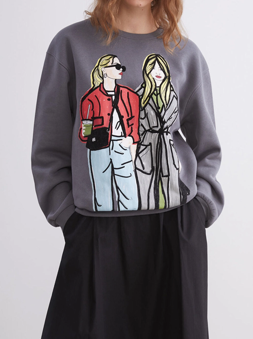 Women's Two Girls Oversized Graphic Sweatshirt