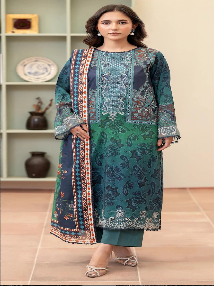 Pakistani Morja by Gulljee – Unstitched 3 Piece Emb Teal & Emerald Paisley